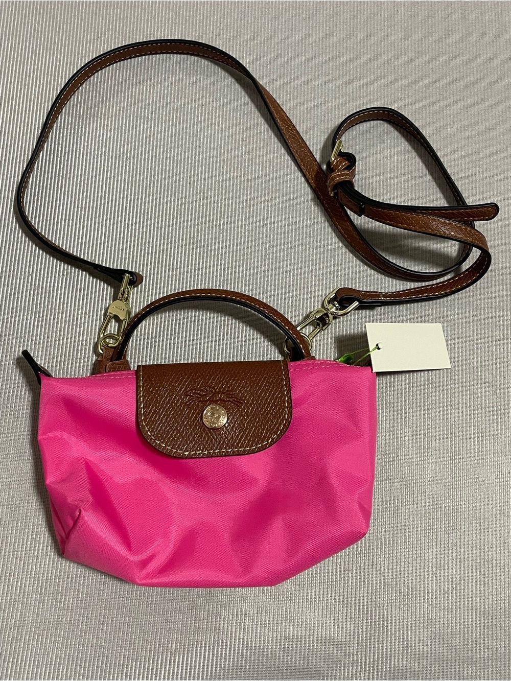 Longchamp Bright Pink Mini Crossbody with Brown Trim